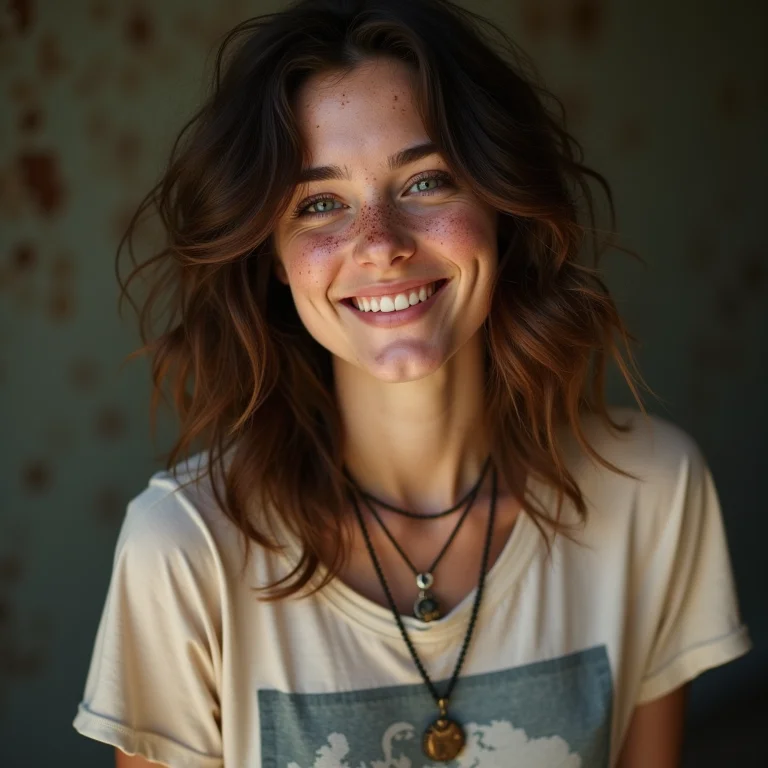 Mulher branca com sardas usando camiseta de banda vintage