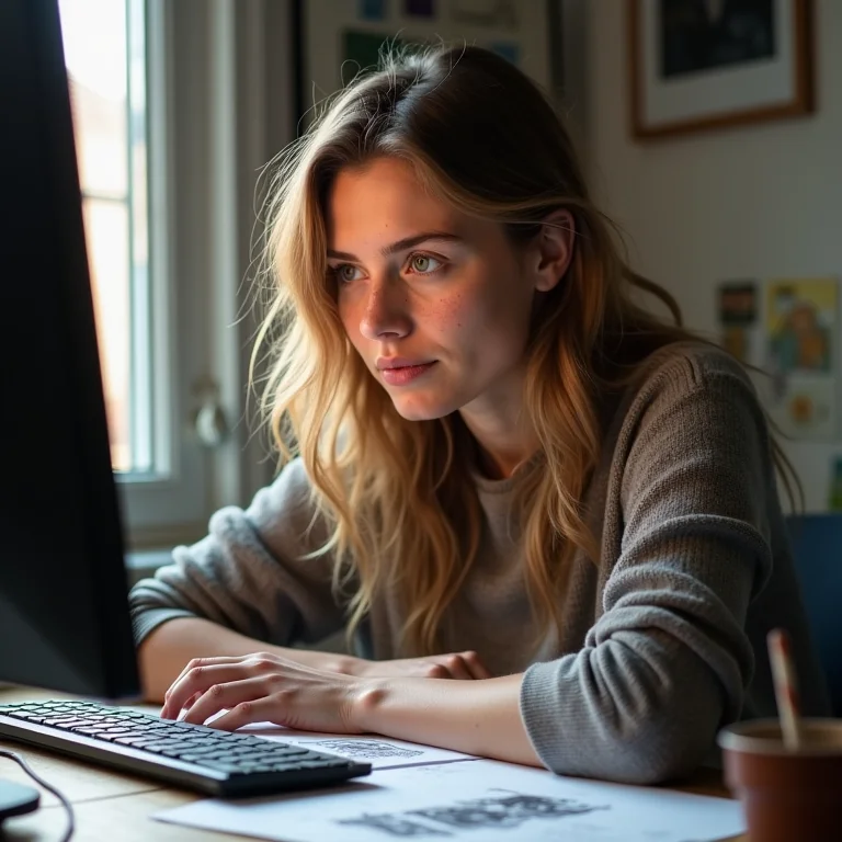 Mulher branca desenvolvendo um jogo no computador