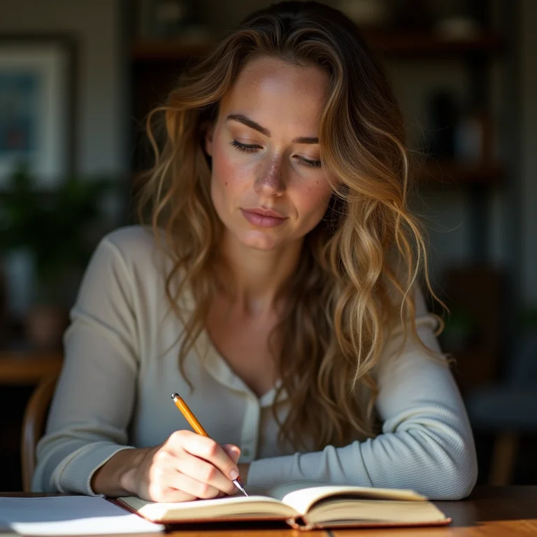 Mulher branca escrevendo anotações em um caderno.