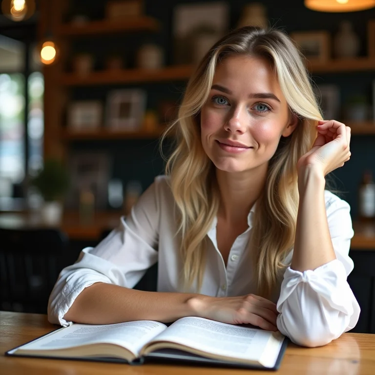 Mulher branca estudando em café.