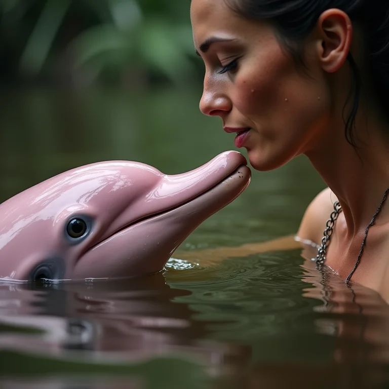 Mulher branca interagindo com boto-cor-de-rosa