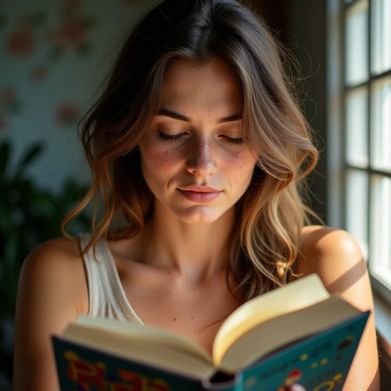 Mulher branca lendo guia de livros didáticos.