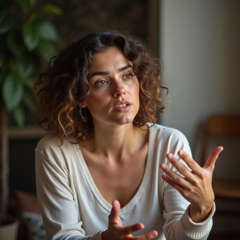 Mulher branca participando de sessão de mediação no CEJUSC