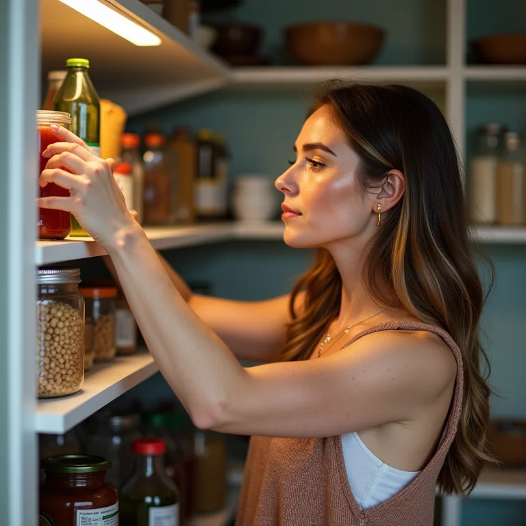 Mulher branca pegando um ingrediente de uso diário na despensa.