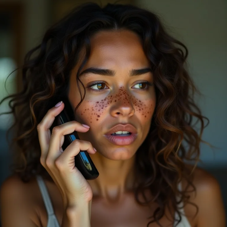 Mulher branca preocupada falando ao telefone sobre pensão alimentícia
