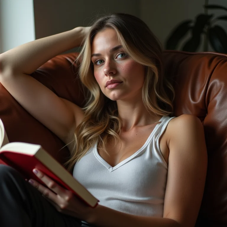 Mulher branca relaxando em sofá de couro com livro