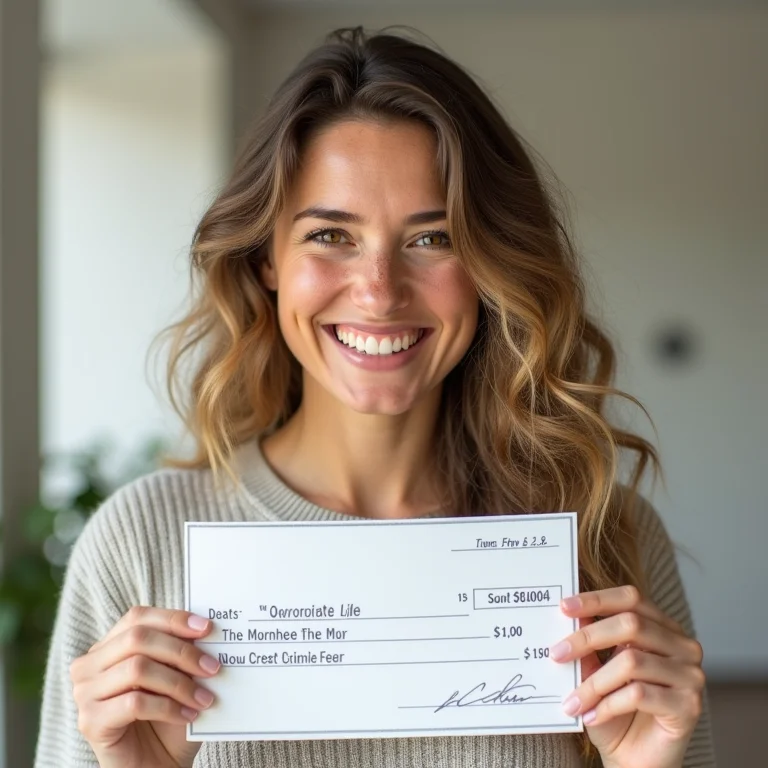 Mulher branca sorrindo com cheque de dividendos