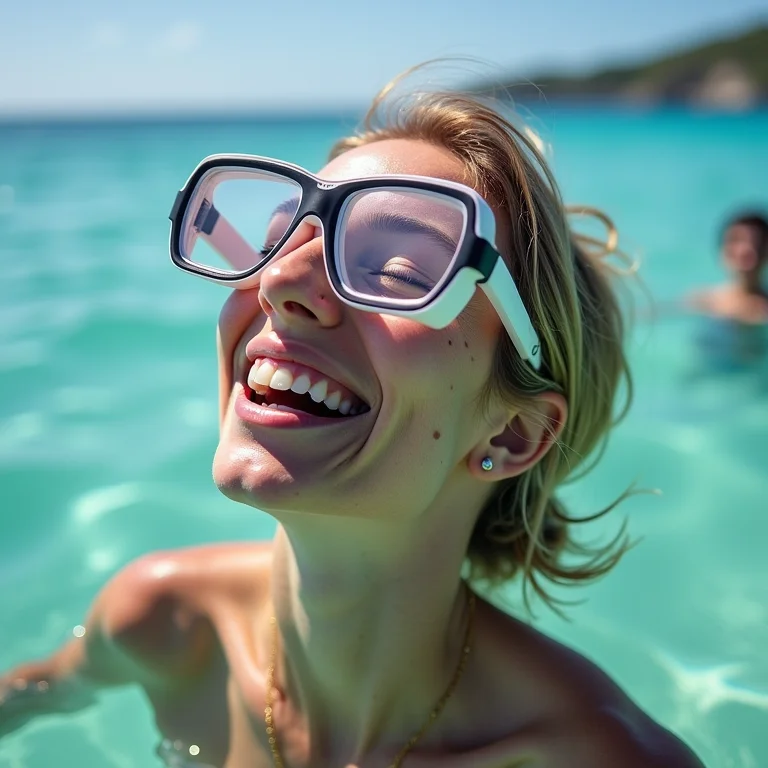 Mulher branca sorrindo enquanto faz snorkel em Arraial do Cabo