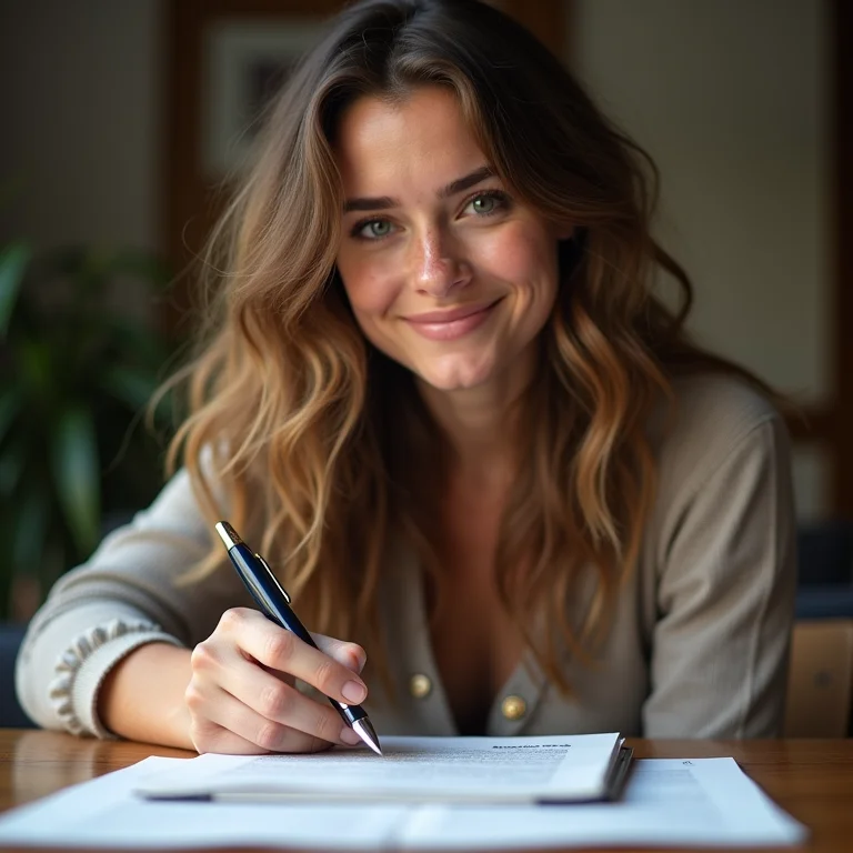 Mulher branca sorrindo segurando caneta sobre documentos