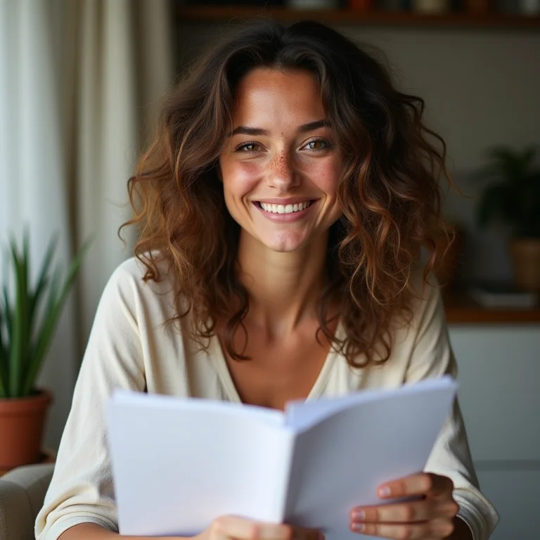 Mulher branca sorrindo segurando documentos sobre regimes de bens