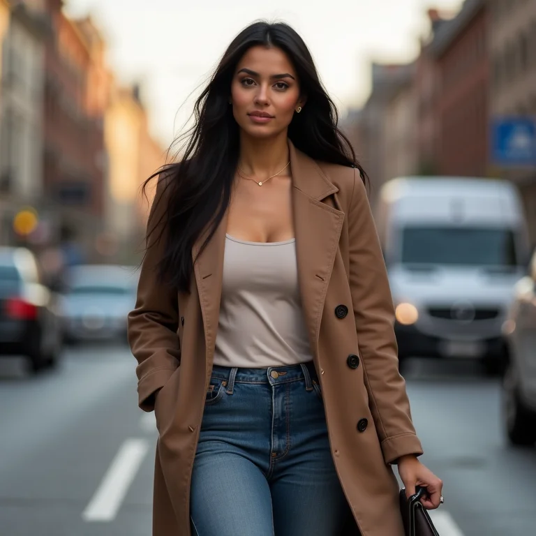 Mulher caminhando na rua com expressão espontânea