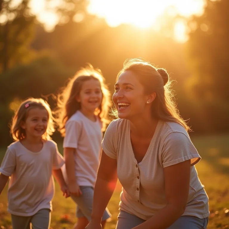 Mulher gorda brincando com seus filhos e sorrindo.