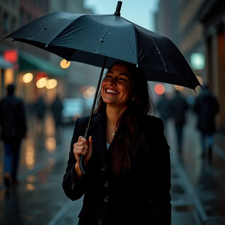 Mulher gorda rindo na chuva em Boston
