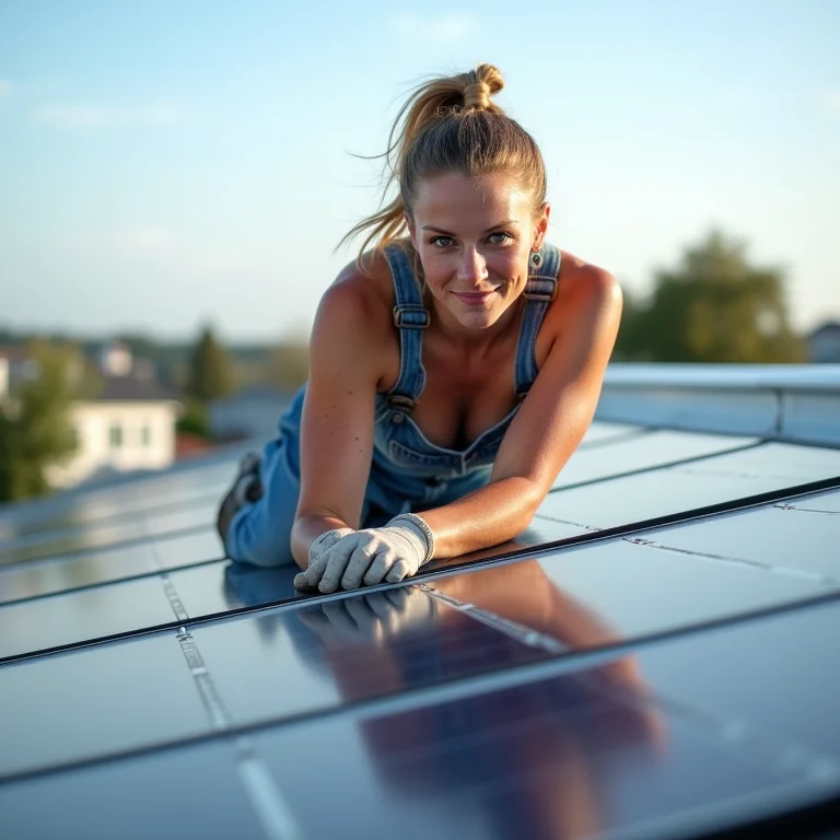 Mulher instalando painéis solares no telhado
