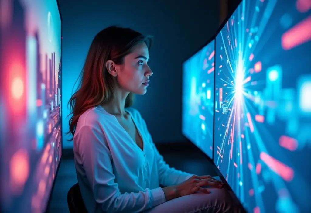 Jogos em nuvem: O guia definitivo para jogar sem console em 2024 Mulher jogando em nuvem, imersa em ambiente futurista