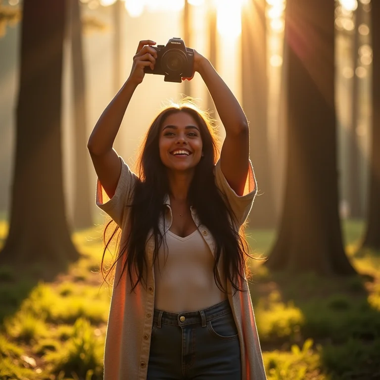 Mulher latina aproveitando a luz do sol na floresta