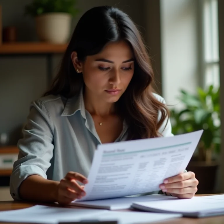 Mulher latina concentrada analisando documentos financeiros