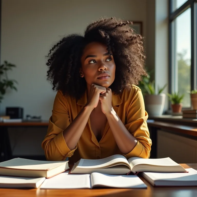 Mulher latina escolhendo livros didáticos.