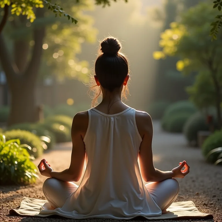 Mulher latina meditando em um jardim zen em Seul.
