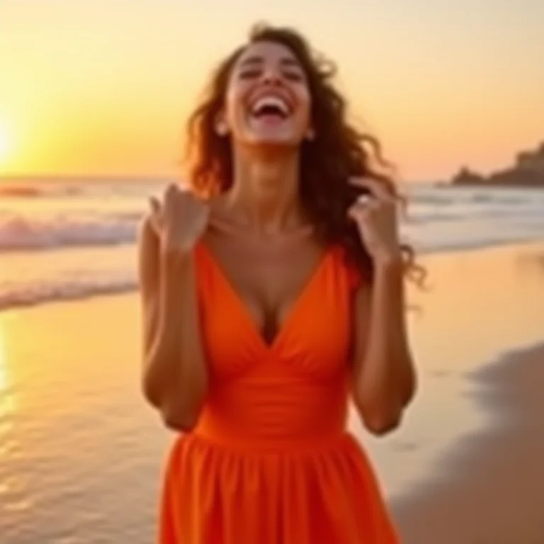 Mulher latina rindo na praia com vestido laranja vibrante