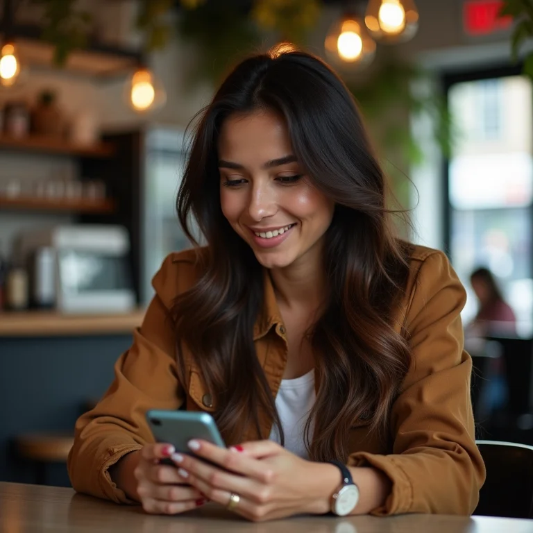 Mulher latina usando aplicativo de controle financeiro no celular.