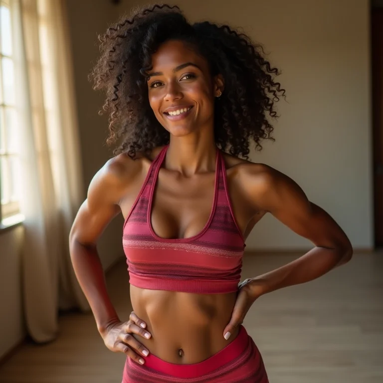 Mulher latina vestindo roupa de academia feita com tecido Amni.