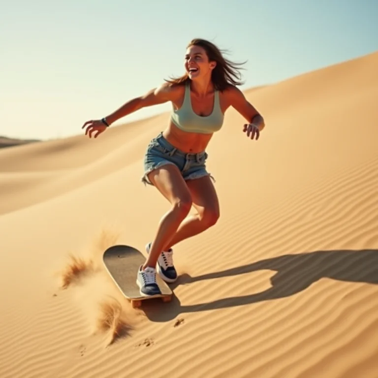 Mulher mid-size praticando sandboard nos Médanos de Coro, Venezuela