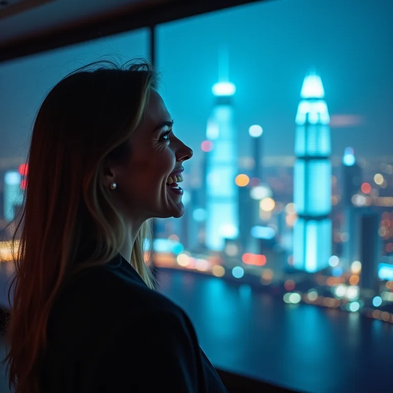 Mulher mid-size sorrindo ao visualizar futuro da computação quântica.