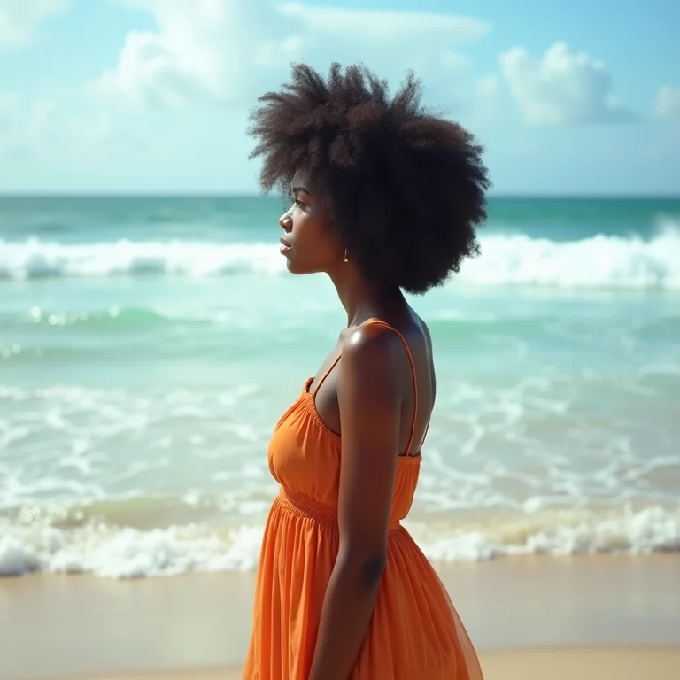 Mulher negra admirando a beleza da praia de Alagoas.