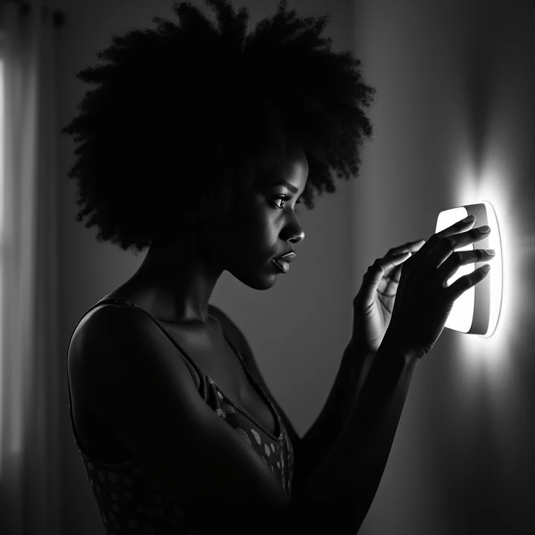 Mulher negra ajustando a iluminação de um quarto preto e branco