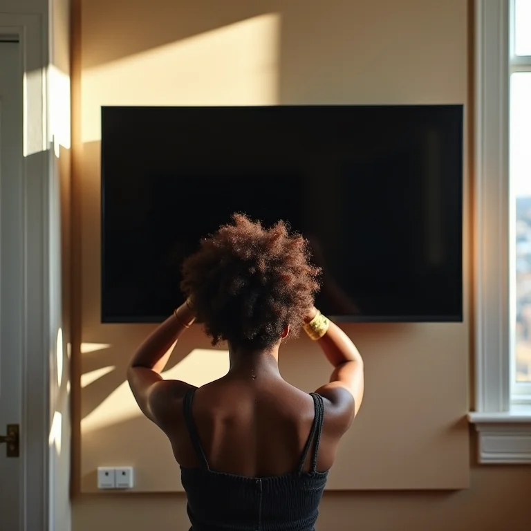 Mulher negra ajustando altura da TV no painel