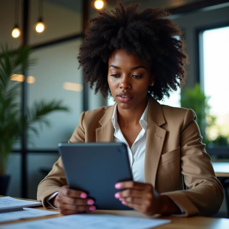 Mulher negra analisando gráficos financeiros em tablet