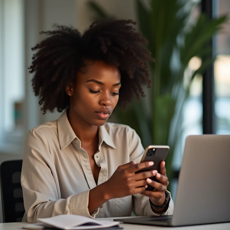 Mulher negra analisando informações bancárias no celular.