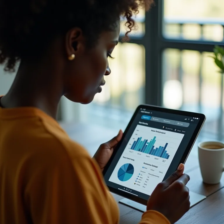 Mulher negra analisando métricas de vídeo em tablet, análise de resultados