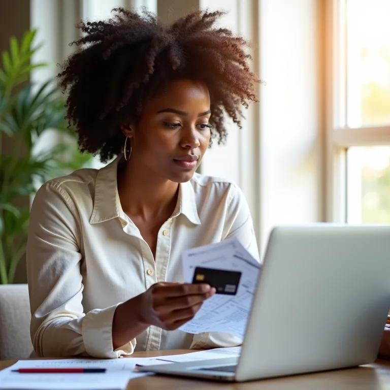 Mulher negra analisando orçamento de viagem no laptop
