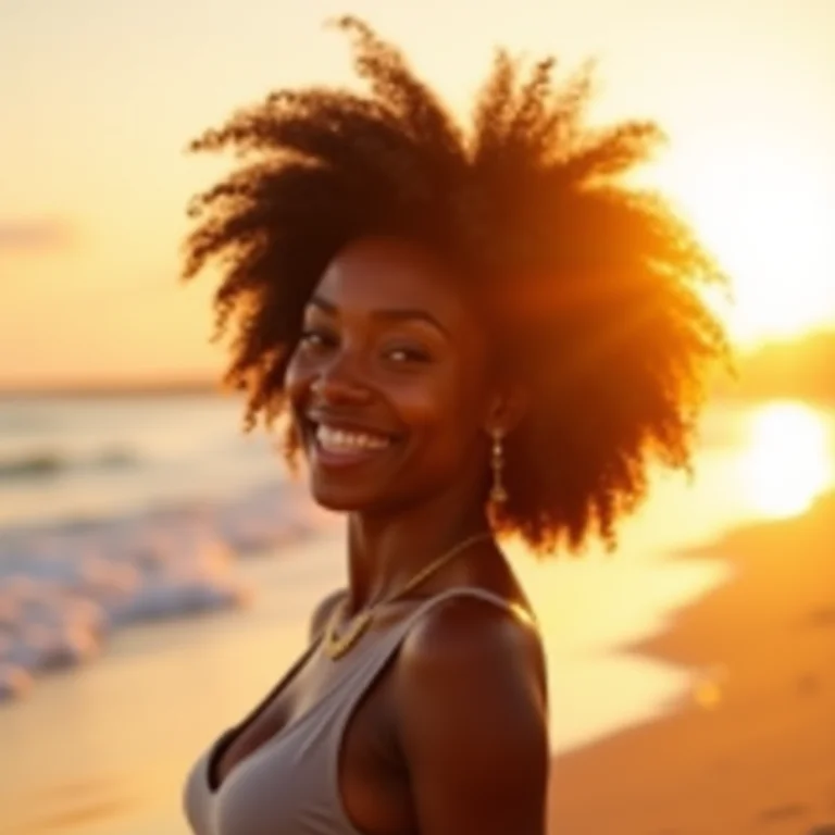 Mulher negra aproveitando o pôr do sol em Jericoacoara