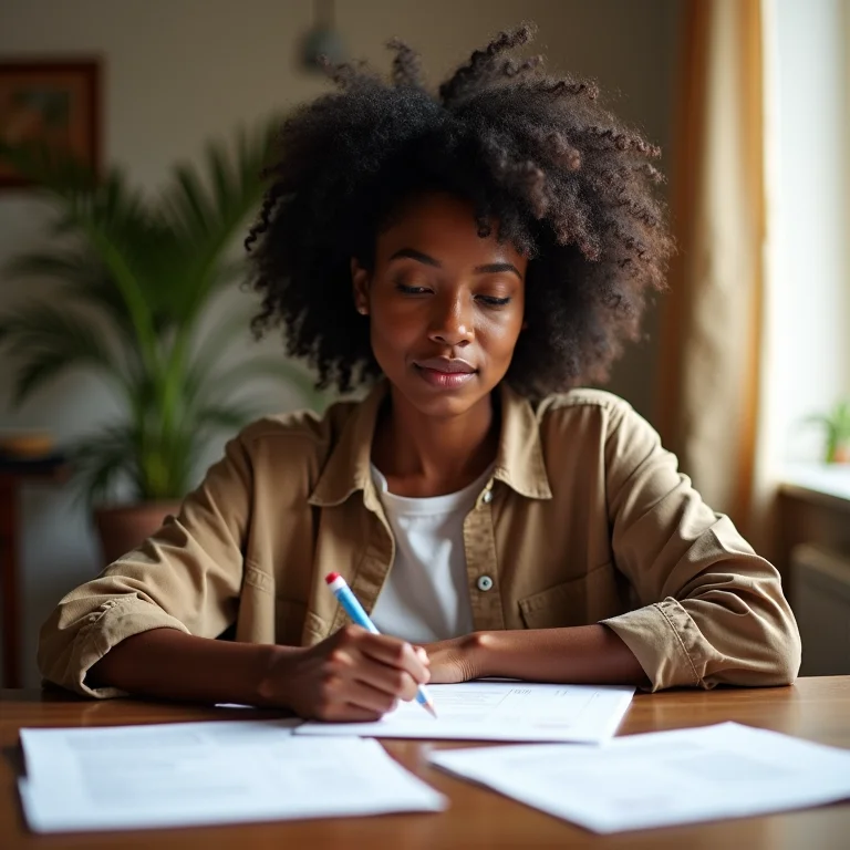 Mulher negra com cabelo cacheado analisando documentos.