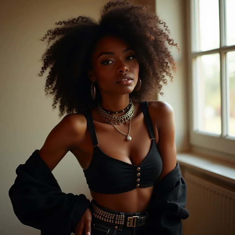 Mulher negra com cabelo cacheado e look Rock in Rio