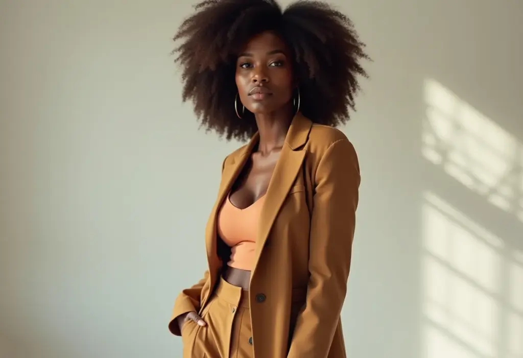 Mulher negra com cabelo cacheado exibindo truques de moda para alongar a silhueta