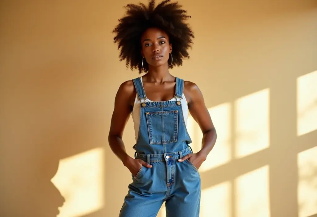 Mulher negra com macacão jeans estiloso