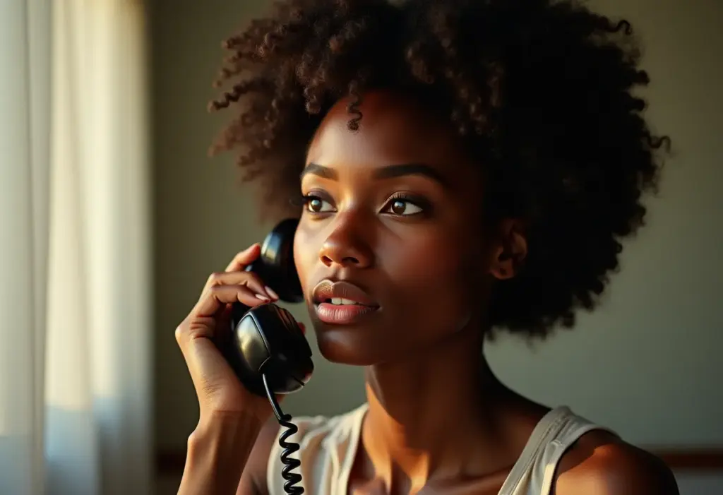 Mulher negra com telefone vintage pensando em fazer ligação a cobrar