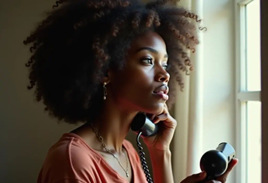Ligar a cobrar do exterior para o Brasil: o guia definitivo e atualizado Mulher negra com telefone vintage pensando em ligar para o Brasil do exterior