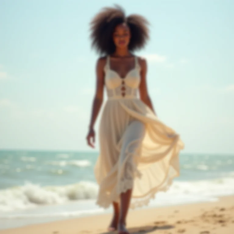 Mulher negra com vestido boho na praia