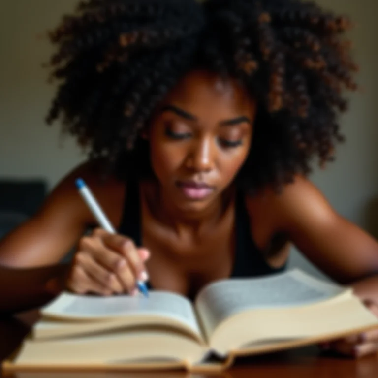 Mulher negra concentrada lendo um livro e grifando trechos importantes.