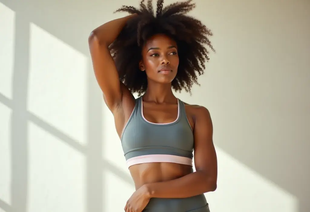 Roupa de academia que não marca: o guia definitivo de tecidos! Mulher negra confiante vestindo roupa de academia confortável.