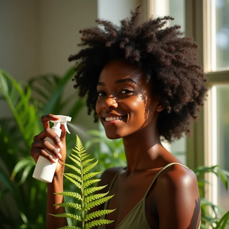 Mulher negra cuidando de samambaia.