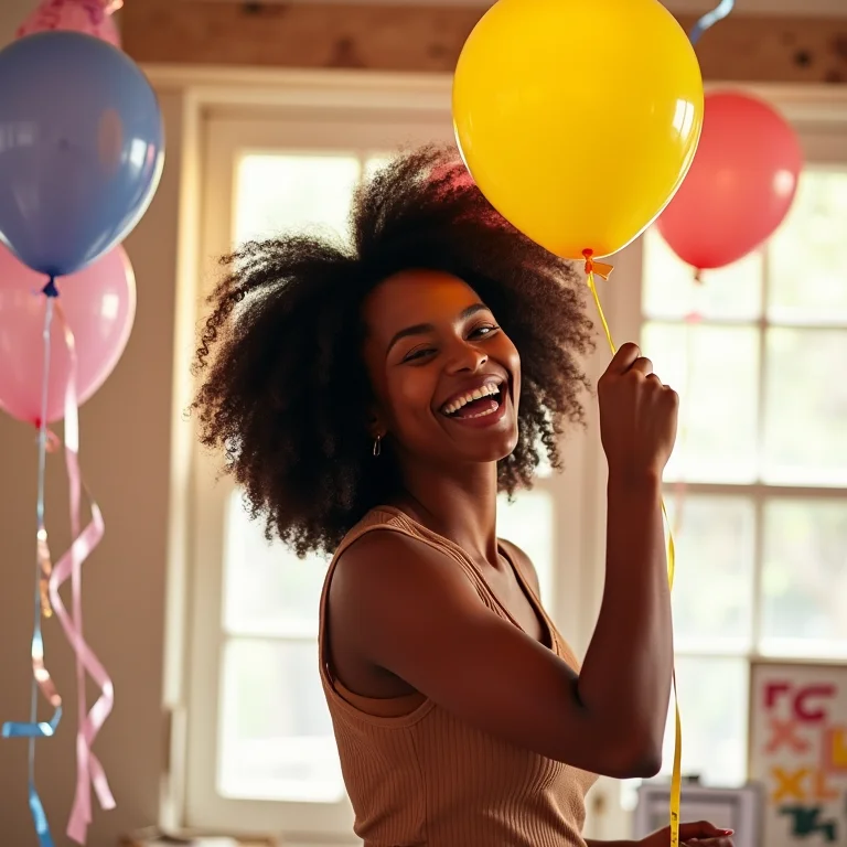 Mulher negra decorando espaço amplo para festa.