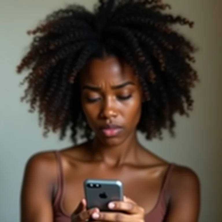 Mulher negra desconfiada olhando para o celular