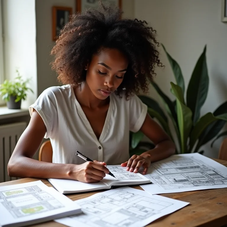 Mulher negra desenhando projetos de arquitetura em meio a ilustrações botânicas