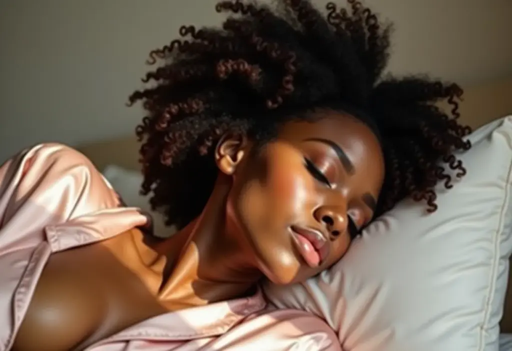 Mulher negra dormindo em lençóis de seda